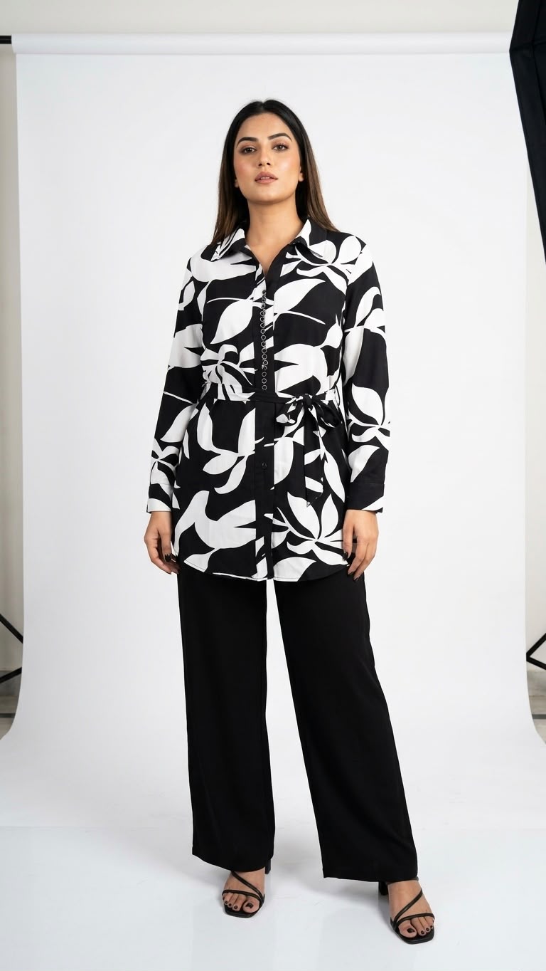 Women's Black & White  Shirt and Wide-Leg Trouser Co-ord Set