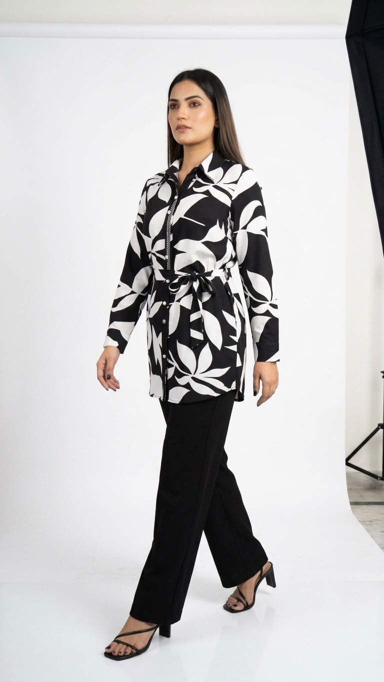 Women's Black & White  Shirt and Wide-Leg Trouser Co-ord Set