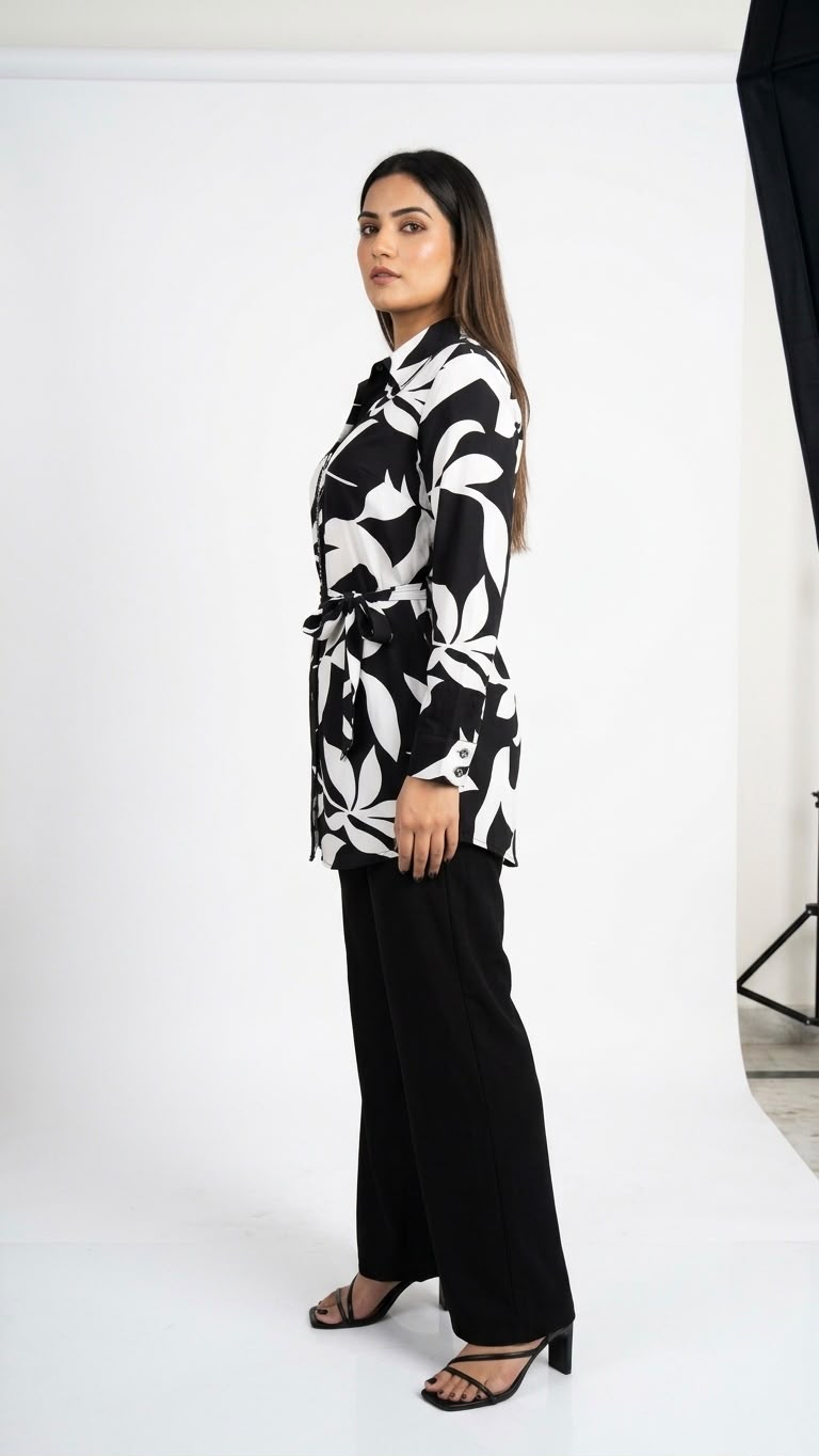 Women's Black & White  Shirt and Wide-Leg Trouser Co-ord Set